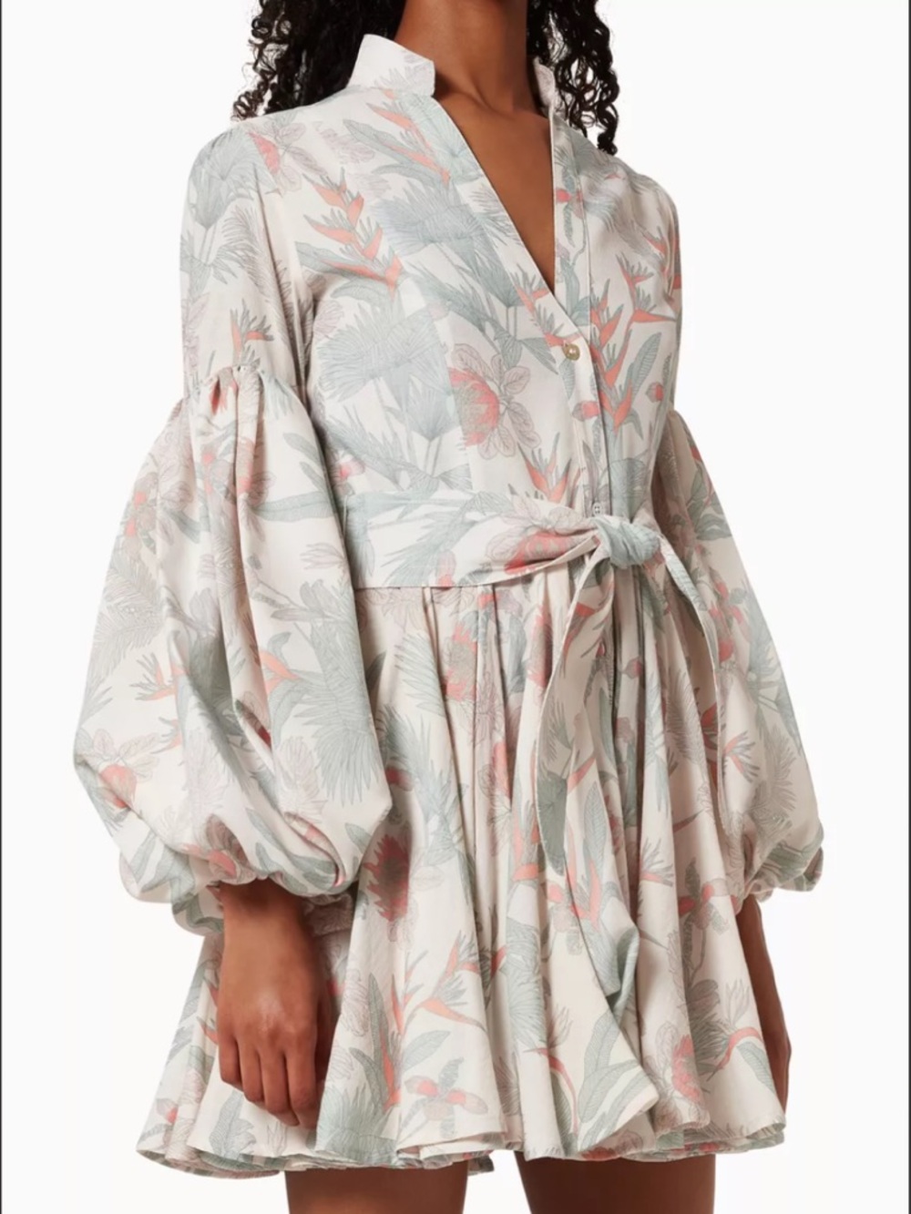 Button-Front Floral Mini Dress in White with Coral & Sage - Picture 9 of 9